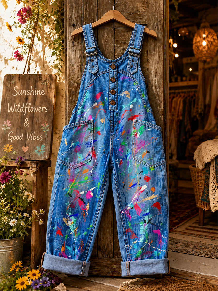 Women's Retro Style Art Print Washed Cotton Denim Patchwork Jumpsuit